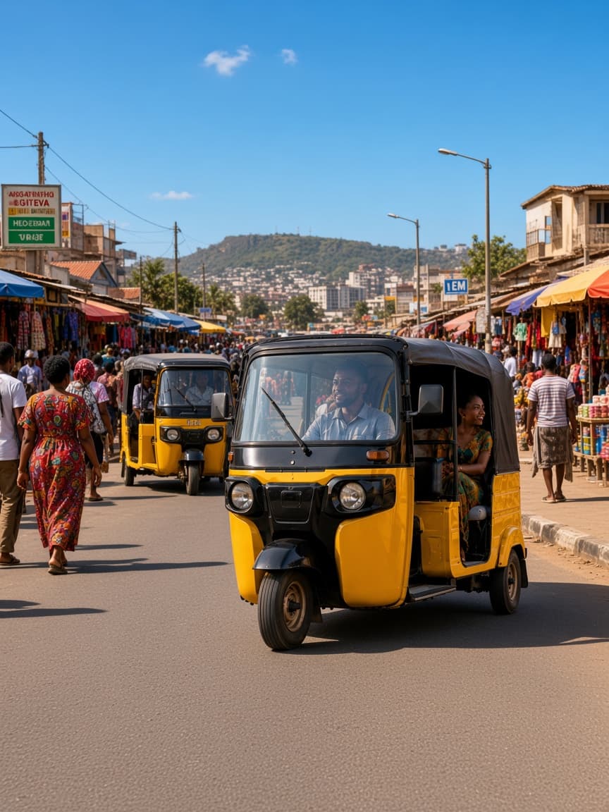 Yellow kekes waiting at a neighborhood rank in Enugu