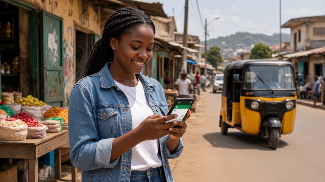 A passenger using a phone on an Enugu street, with a keke in the background