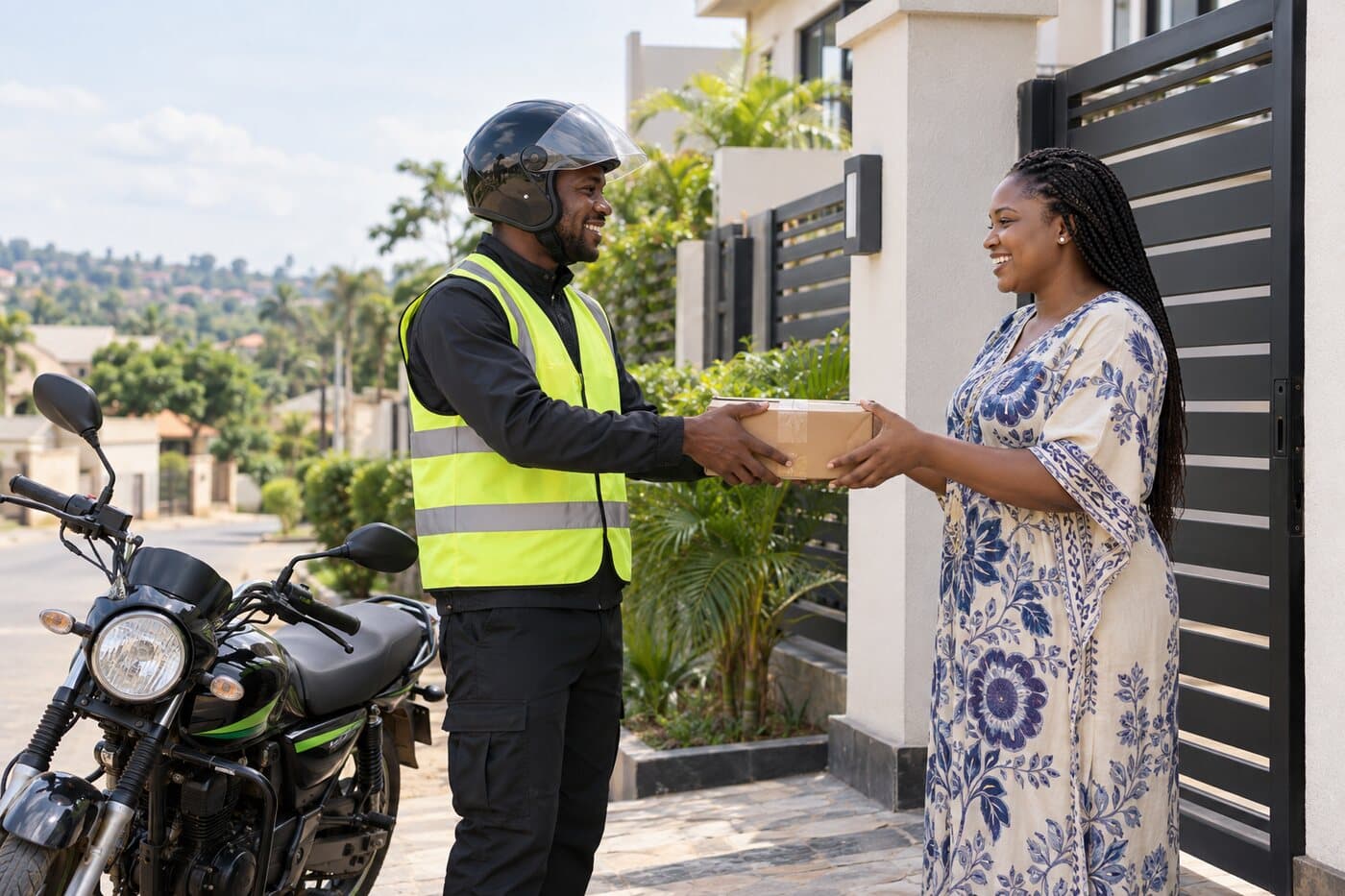 A rider handing a package to a customer at a gate