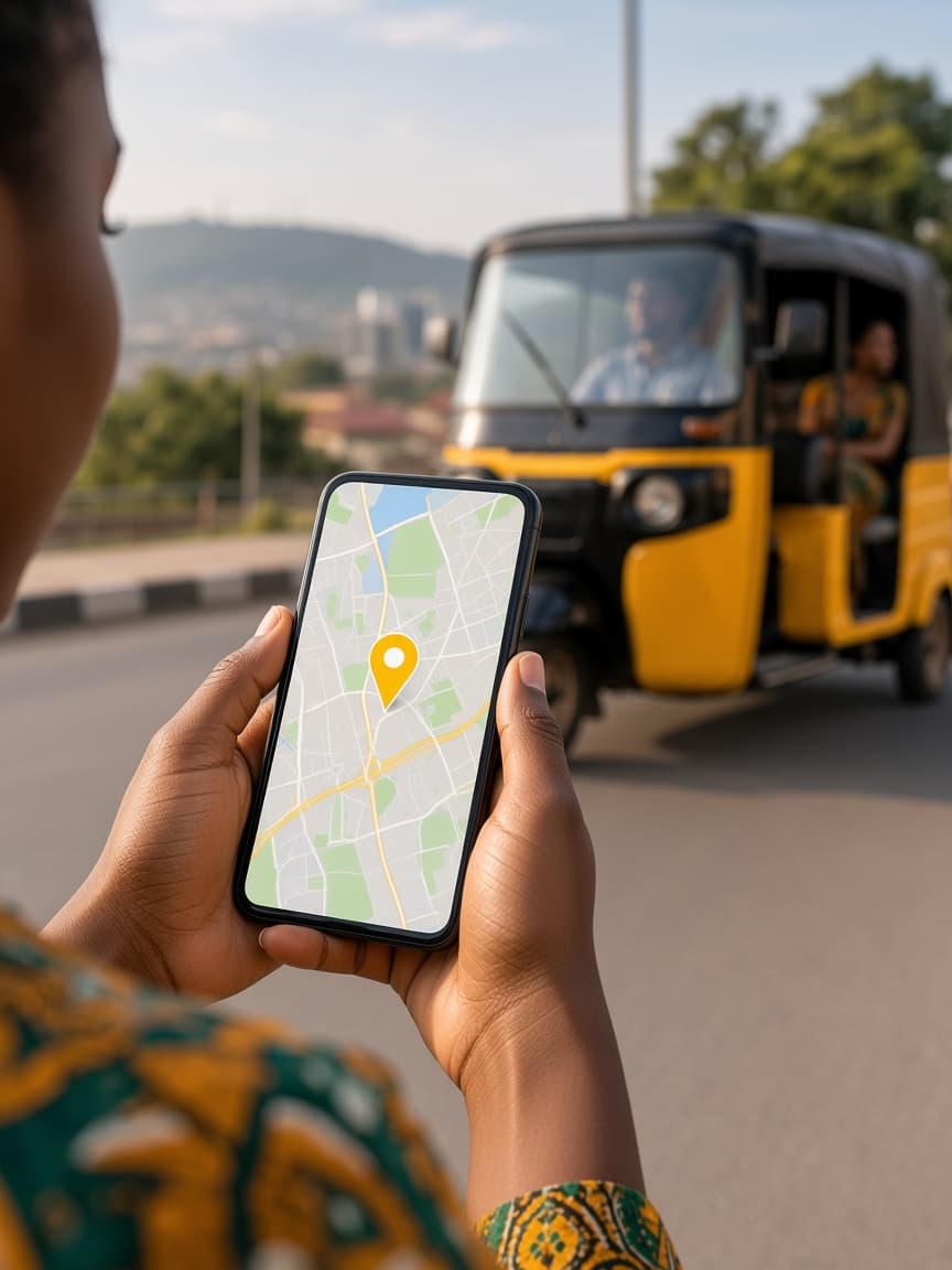 A phone showing a map while a keke approaches on the street