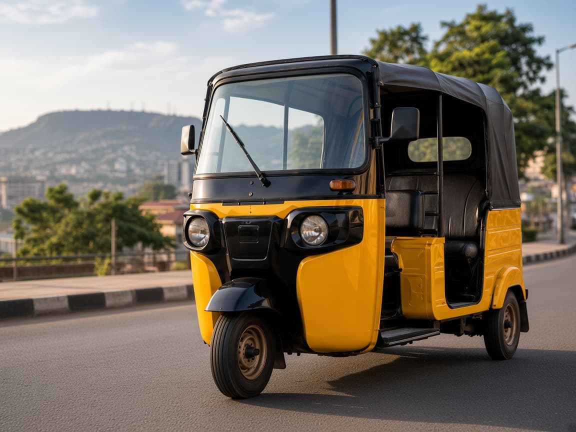 A yellow keke parked on an Enugu street